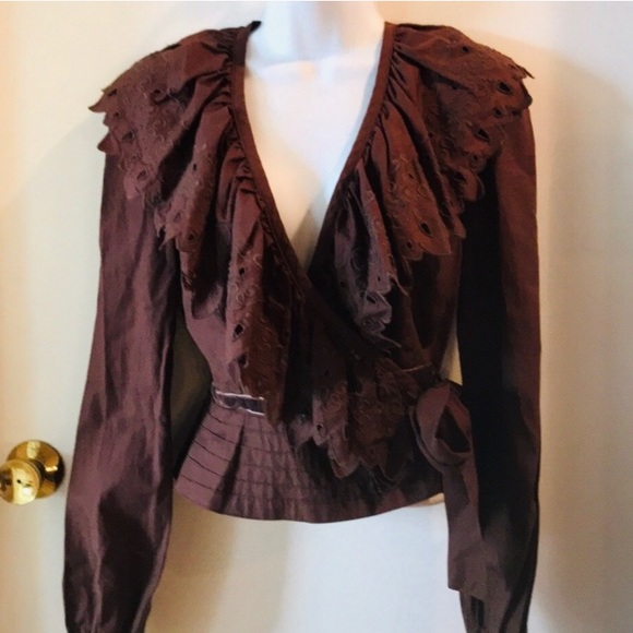 BLOUSE Made in France - brown ruffle wrap blouse Excellent condition! - Picture 8 of 8